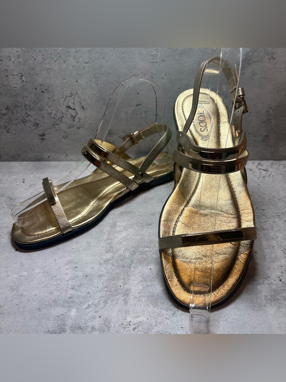 TODS Gold Leather Strappy Slides Sandals Shoes Women's Size EU 35 US 5